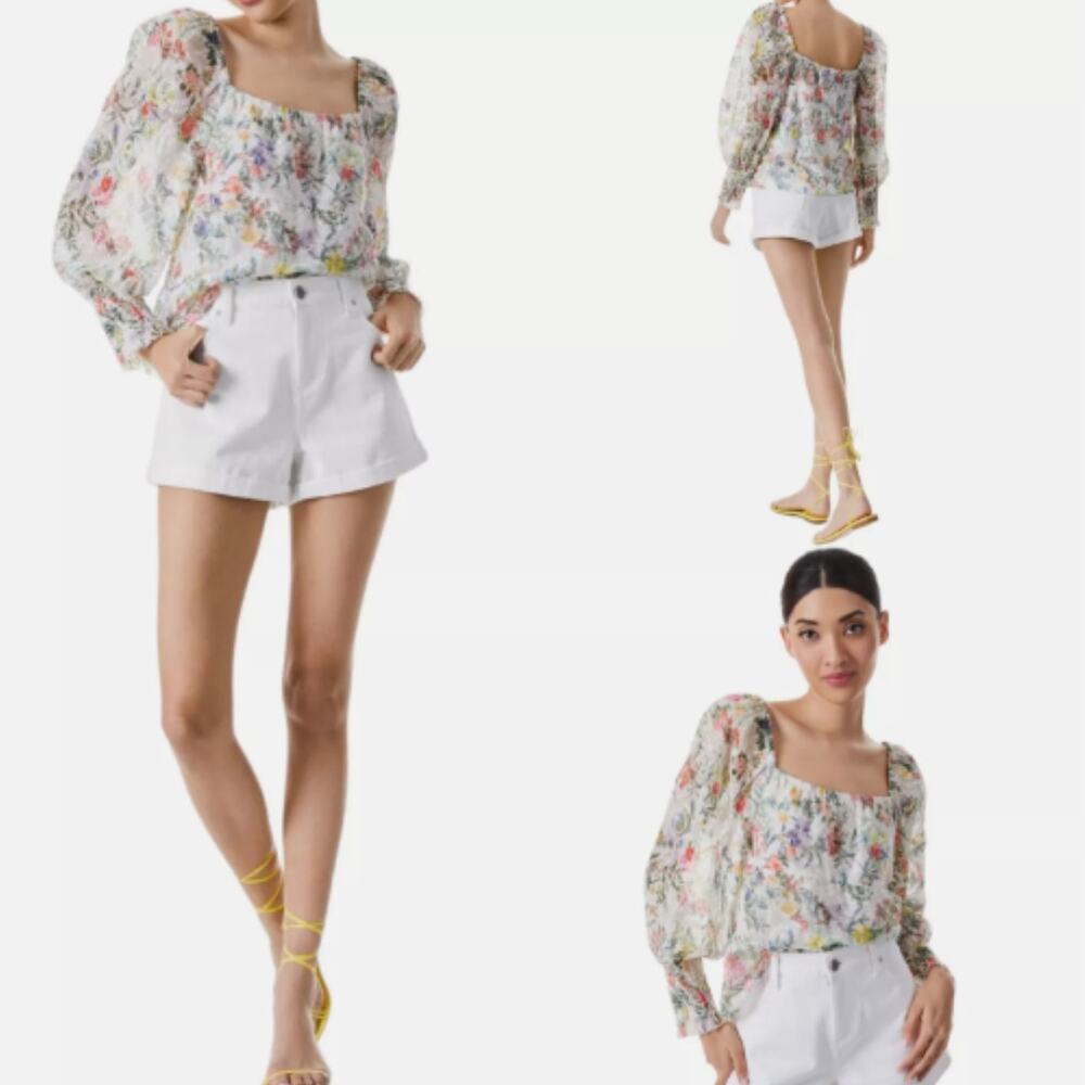 Alice + Olivia Women's Rowa Floral Eyelet Top XL In White Multi Square Neck